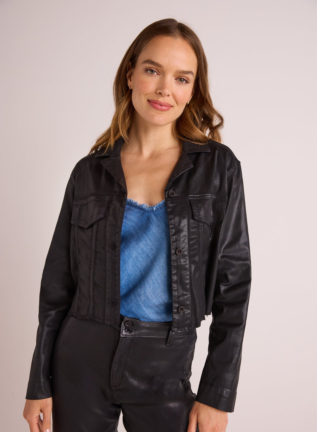 Bella cheapest Pelle black leather pleated crop jacket