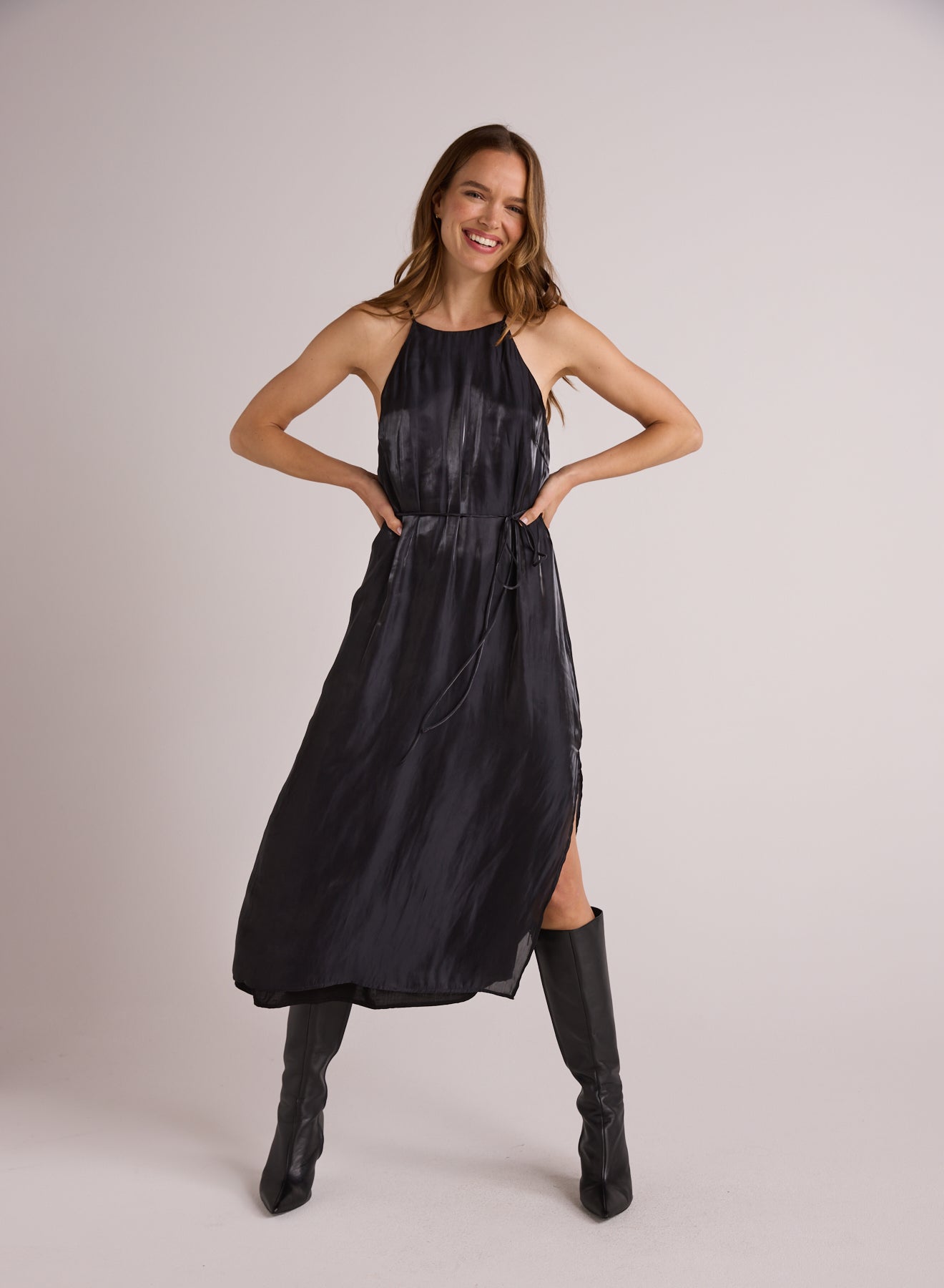 Halter Neck Slip Dress Black Shimmer