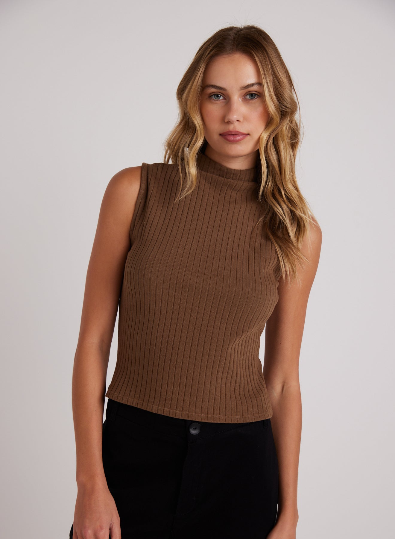 Rib Mock Neck Top - Olive Bronze