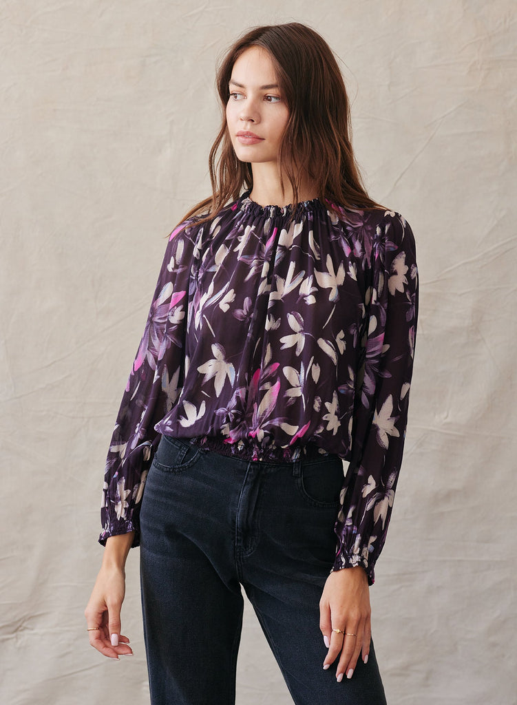 Long Sleeve Smocked Neck Pullover - Floral Plum Print - Bella Dahl