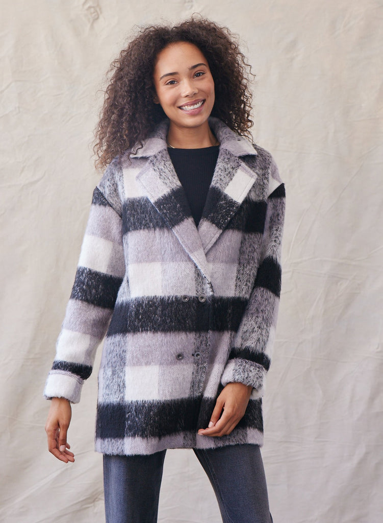 Black and white hot sale plaid coat womens