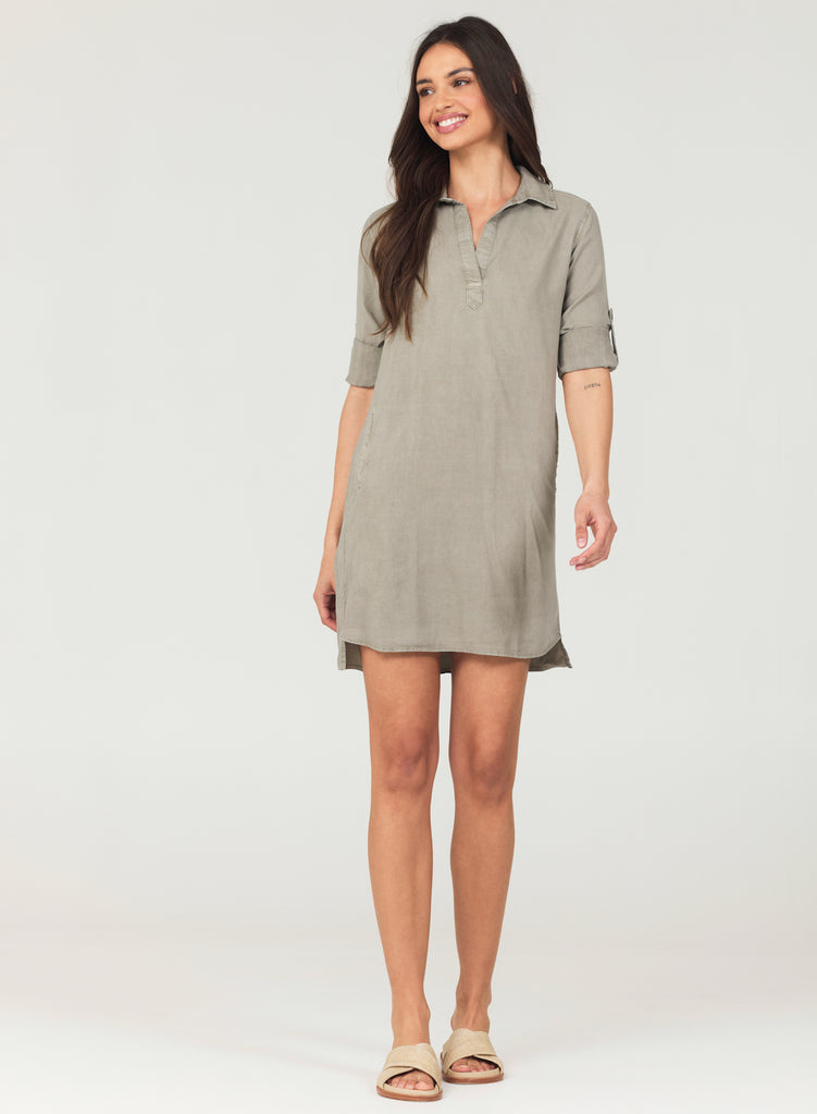 A Line Rolled Tab Sleeve Dress Soft Army