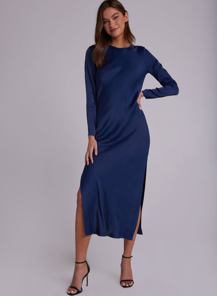 Bias Long Sleeve Slip Dress Dark Azure