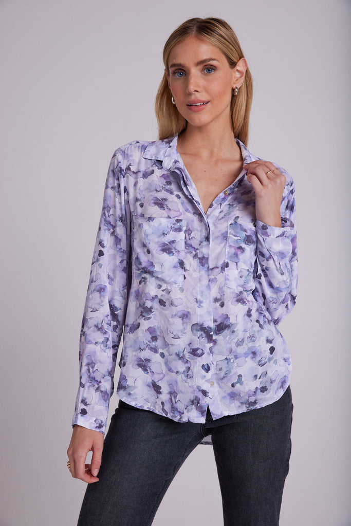 Full Button Down Hipster Shirt Lilac Floret Print Bella Dahl