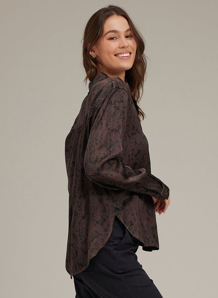 Long Sleeve Rounded Hem Button Down Brown Snake Print