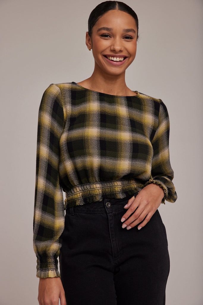 Long Sleeve Smocked Blouse Green Black Plaid