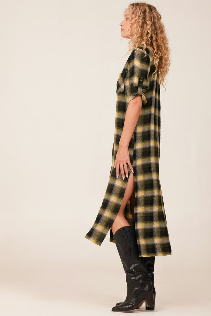 Rolled Sleeve Duster Dress - Green & Black Plaid