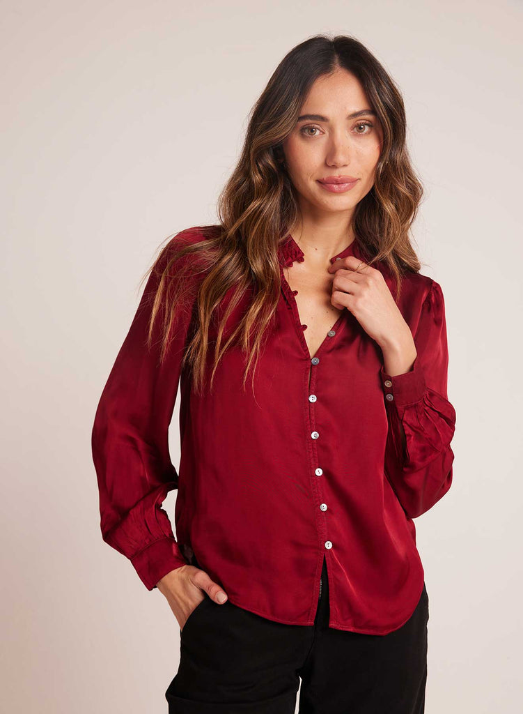 Satin Button Up Blouse Sweet Sangria