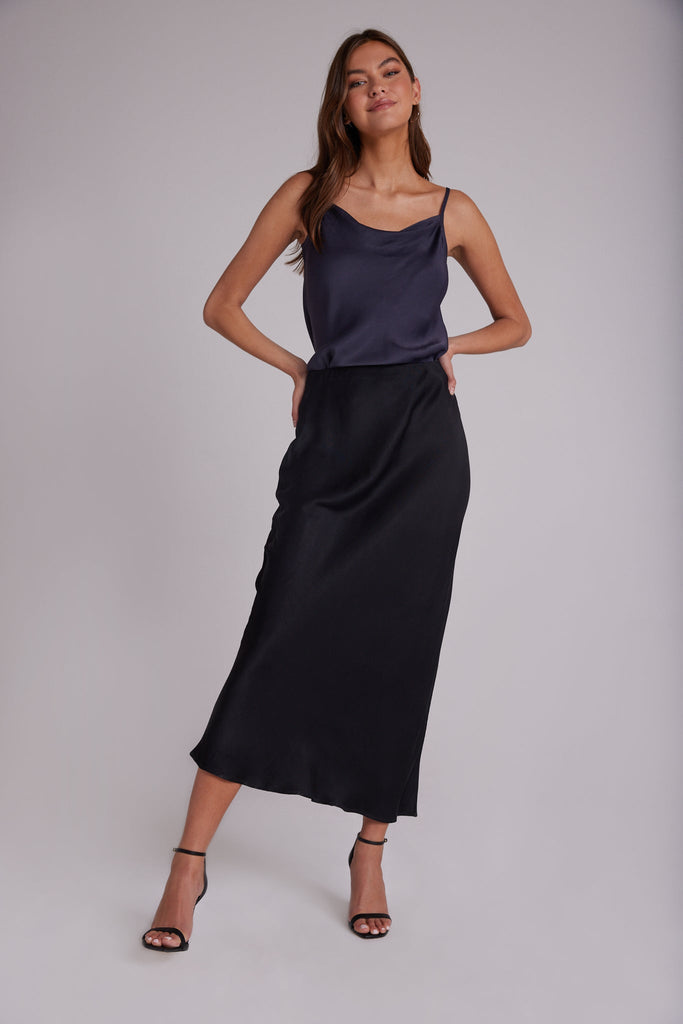 Satin Side Slit Maxi Skirt Black