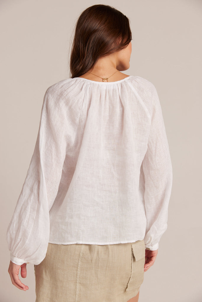 Shirred Linen Raglan Blouse White