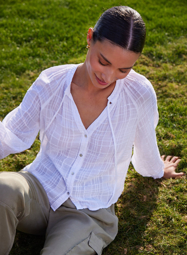 Woven Plaid Raglan Blouse White