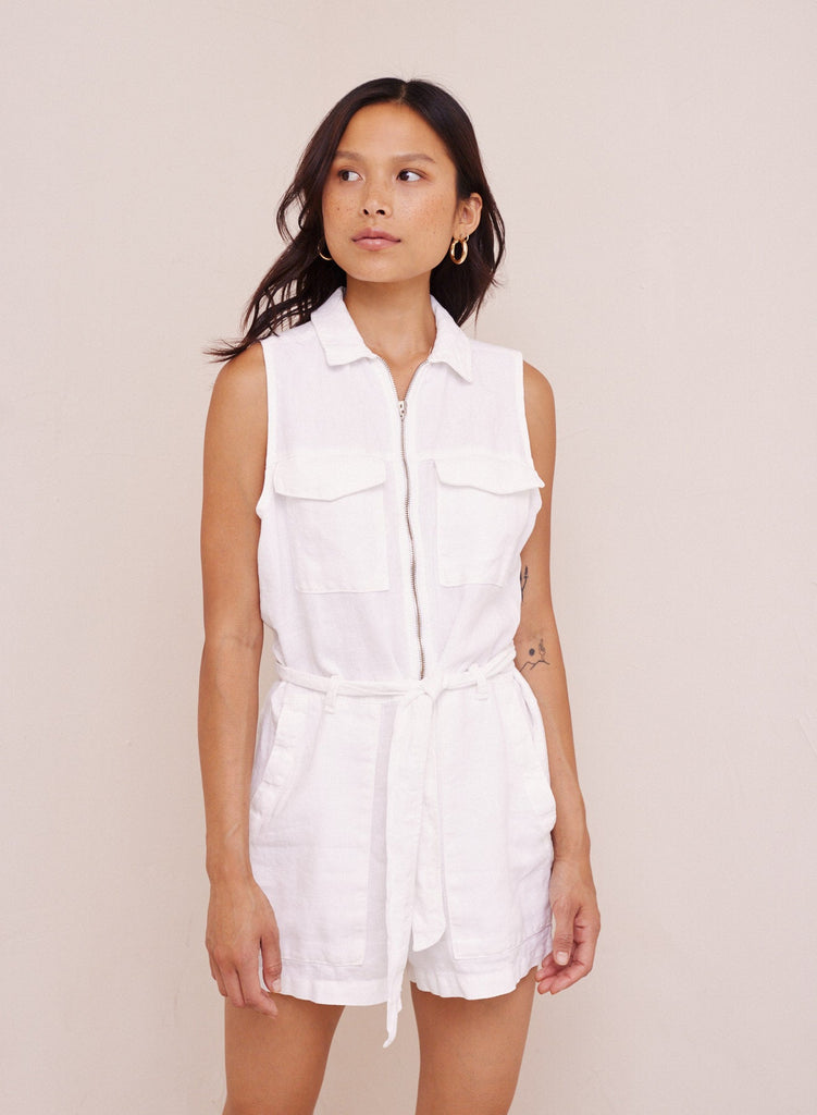 Zip Front Linen Romper - White