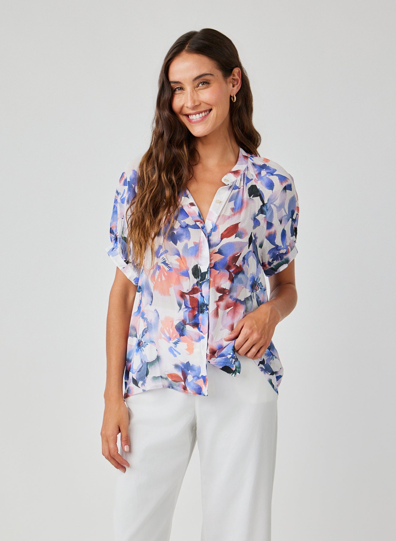 Shirt Sleeve Shirred Raglan Shirt - Magnolia Bloom Print