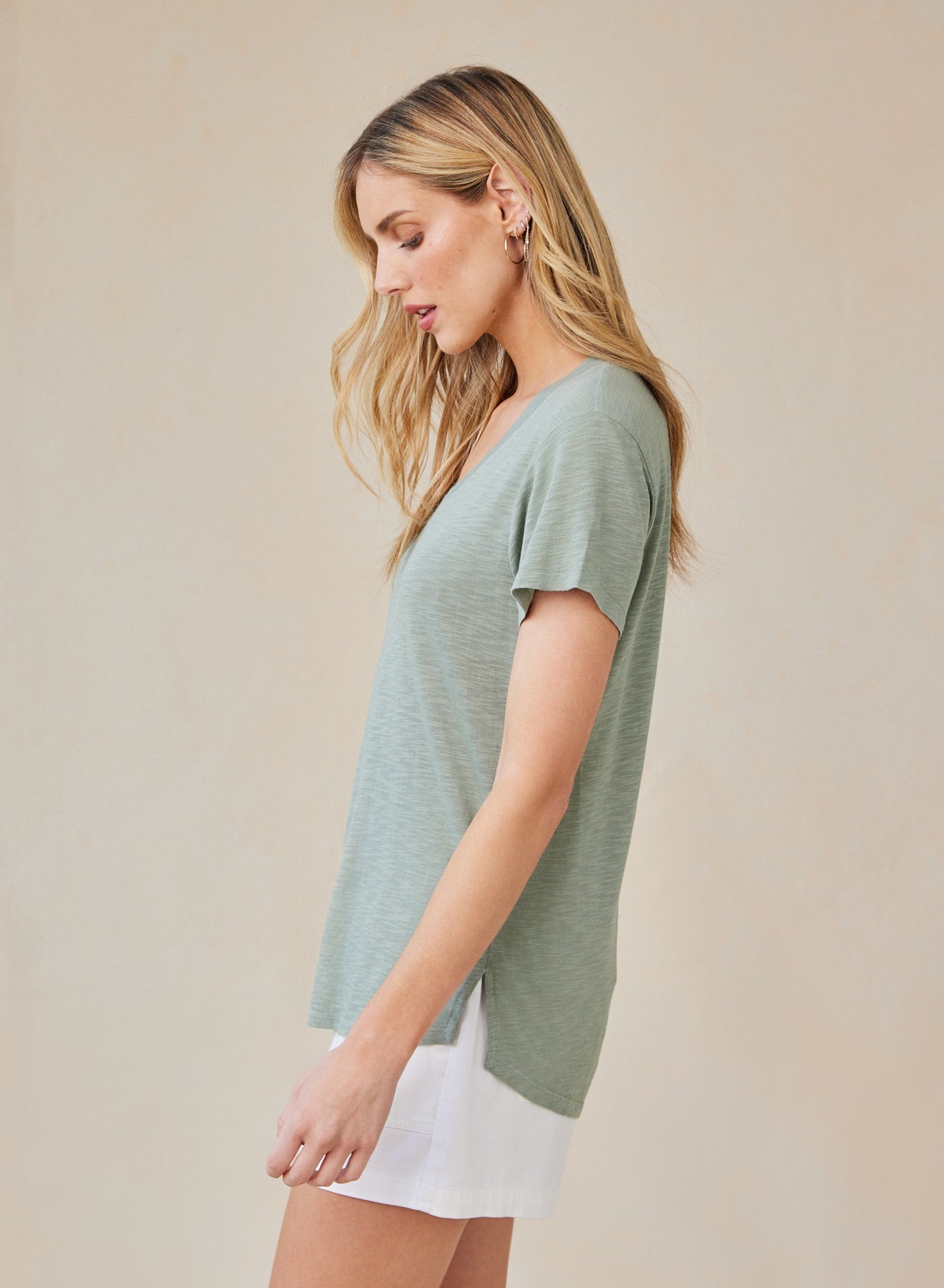 Side Slit V-Neck Tee - Olive Grove