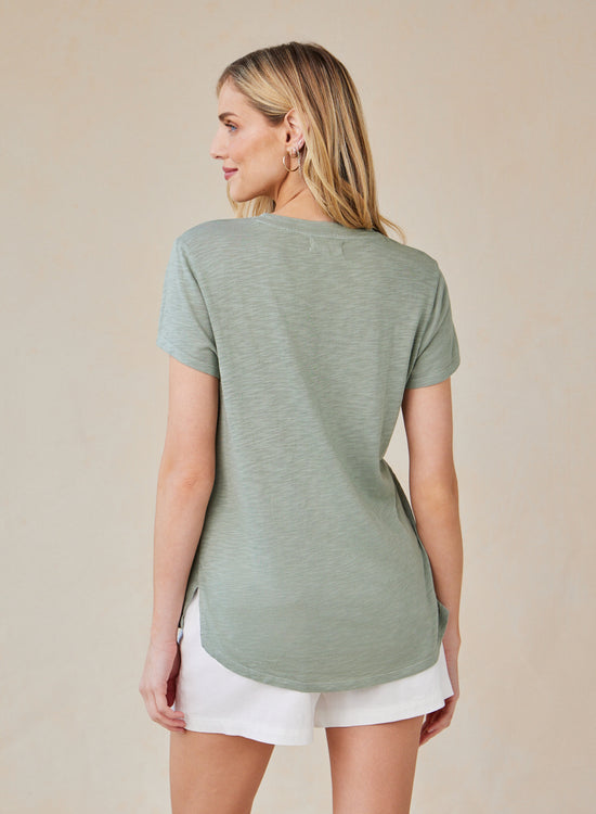 Side Slit V-Neck Tee - Olive Grove