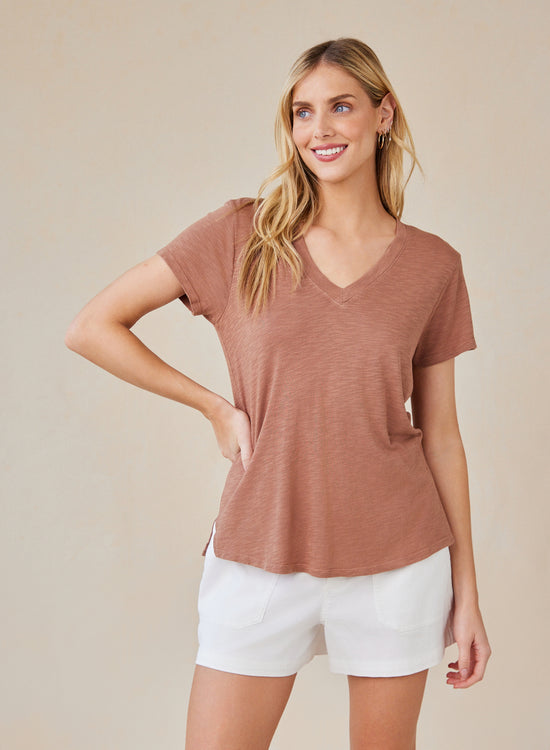 Side Slit V-Neck Tee - Terracotta Brown