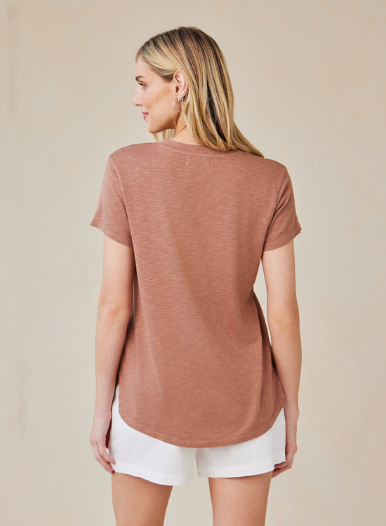 Side Slit V-Neck Tee - Terracotta Brown