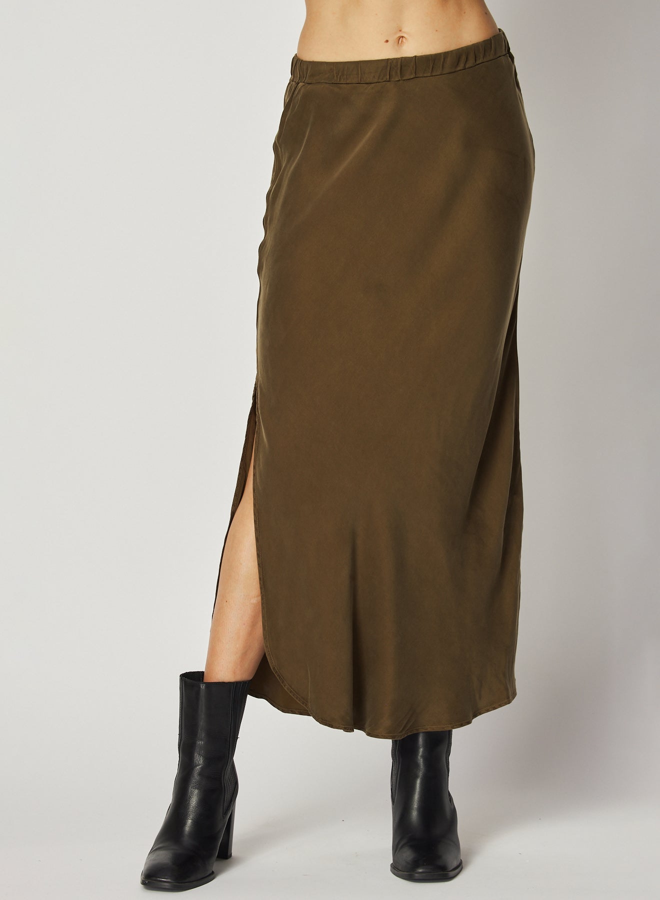 Bella DahlAsymmetric Side Slit Bias Skirt - Autumn OliveBottoms