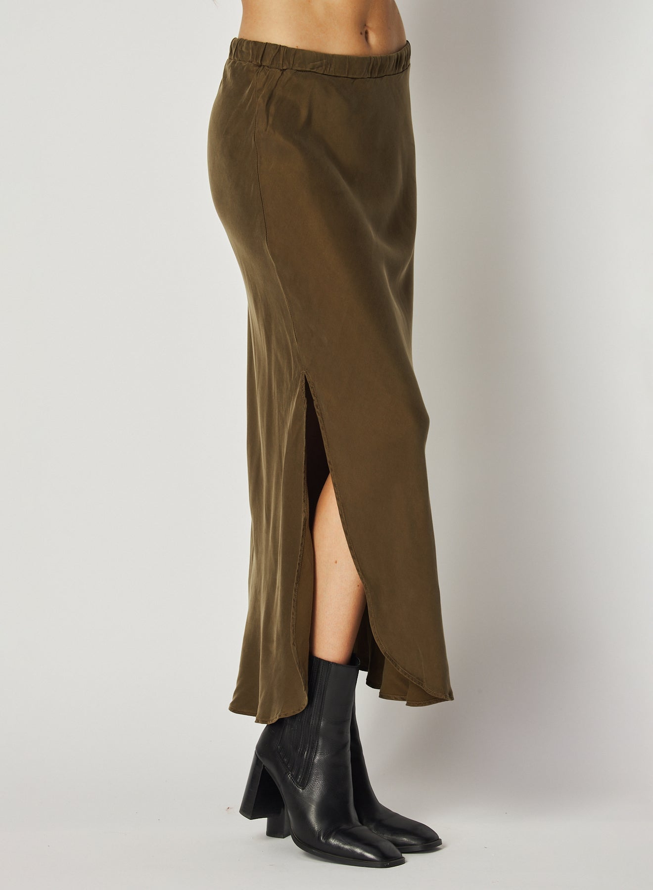 Bella DahlAsymmetric Side Slit Bias Skirt - Autumn OliveBottoms