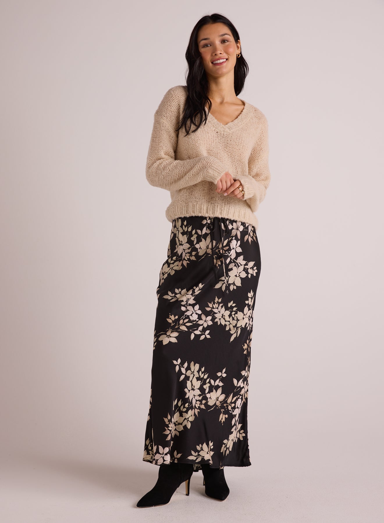 Bella DahlBias Skirt with Tie - Ivory Floral PrintBottoms