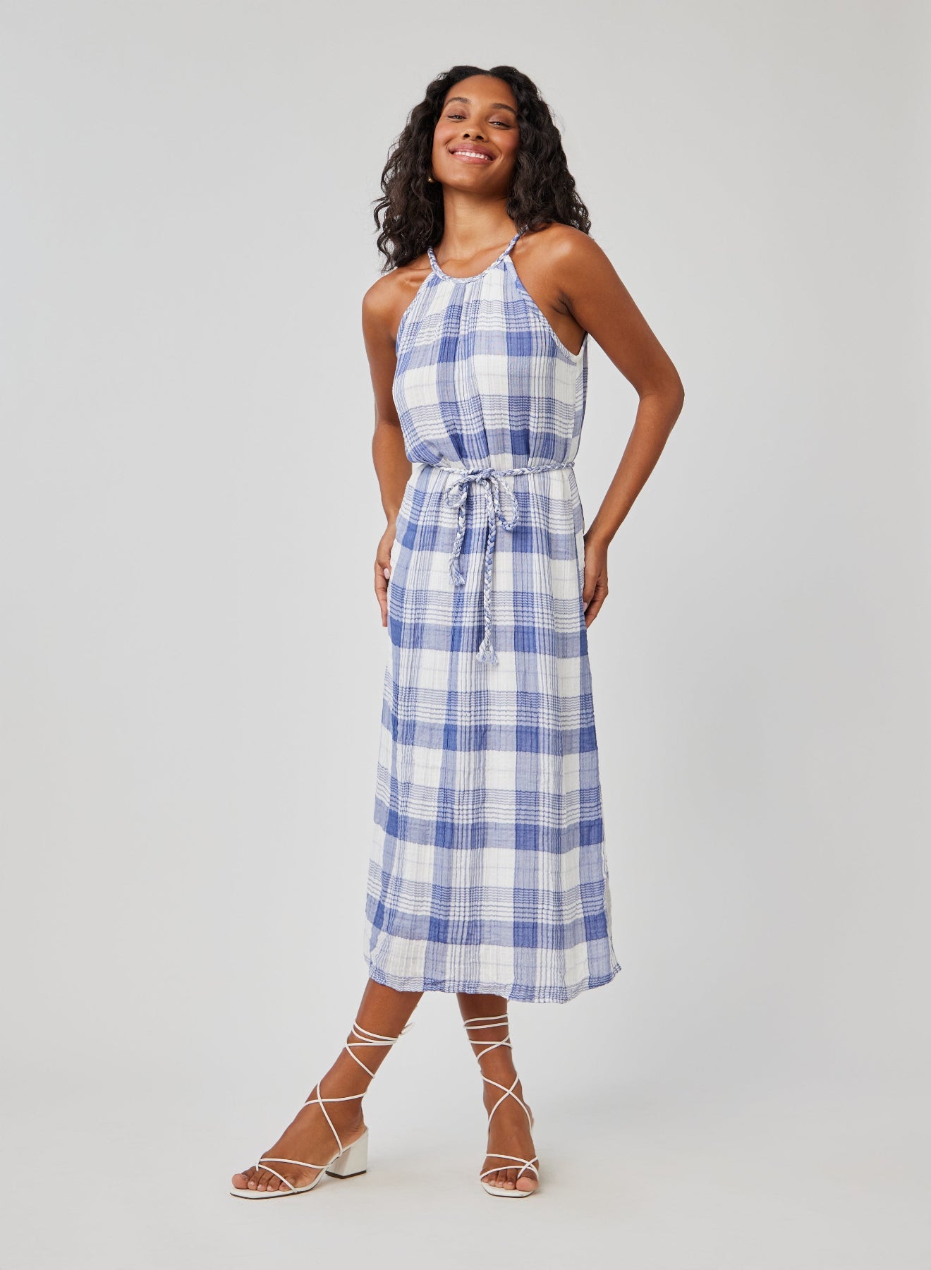 Bella DahlBraided Halter Midi Dress - Pacific Blue PlaidDresses