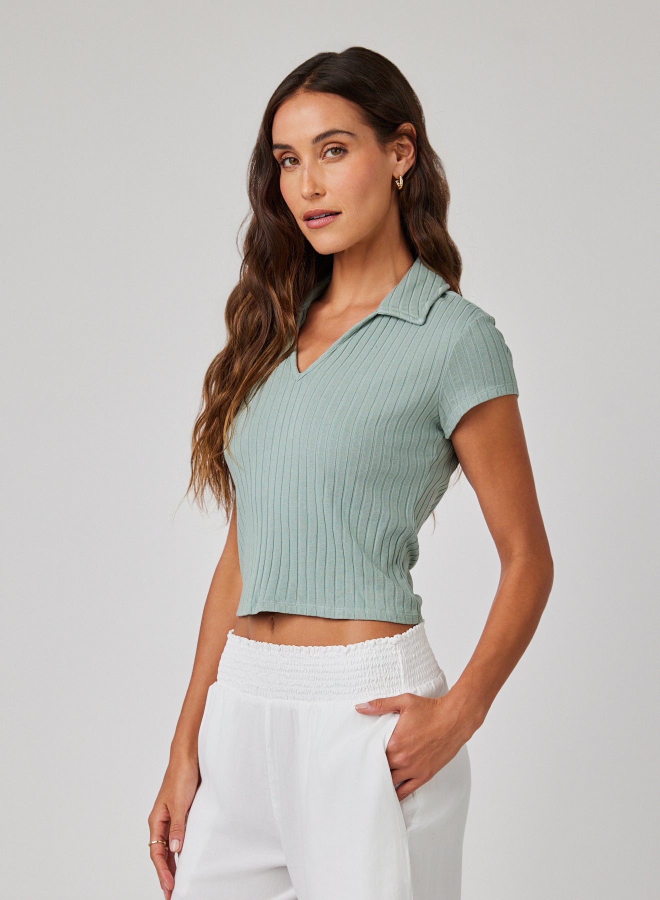 Bella DahlCollared Crop Top - Clean SageTops