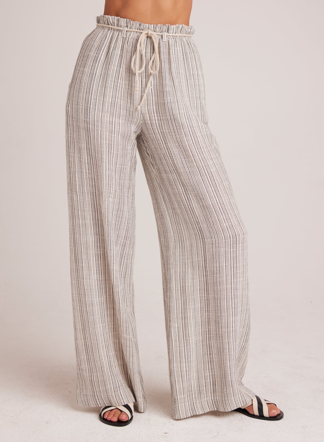 Drawcord Wide Leg Pant - Eze Slub Stripe