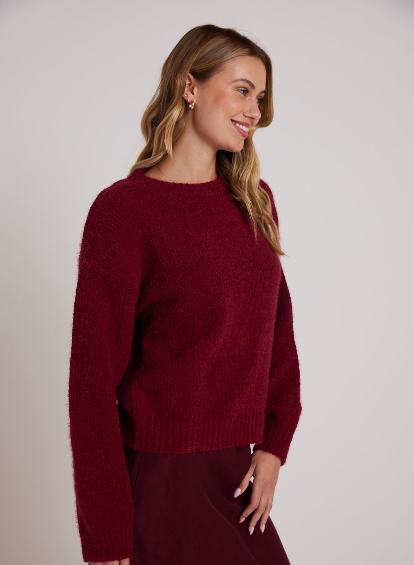 Bella DahlDrop Shoulder Fuzzy Chenille Sweater - Deep PlumSweaters & Jackets