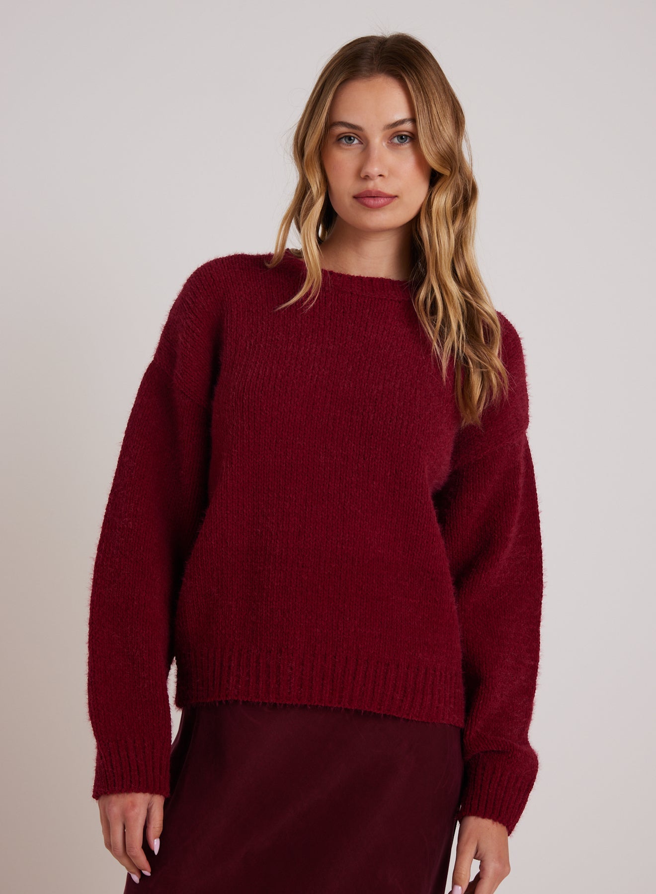 Bella DahlDrop Shoulder Fuzzy Chenille Sweater - Deep PlumSweaters & Jackets