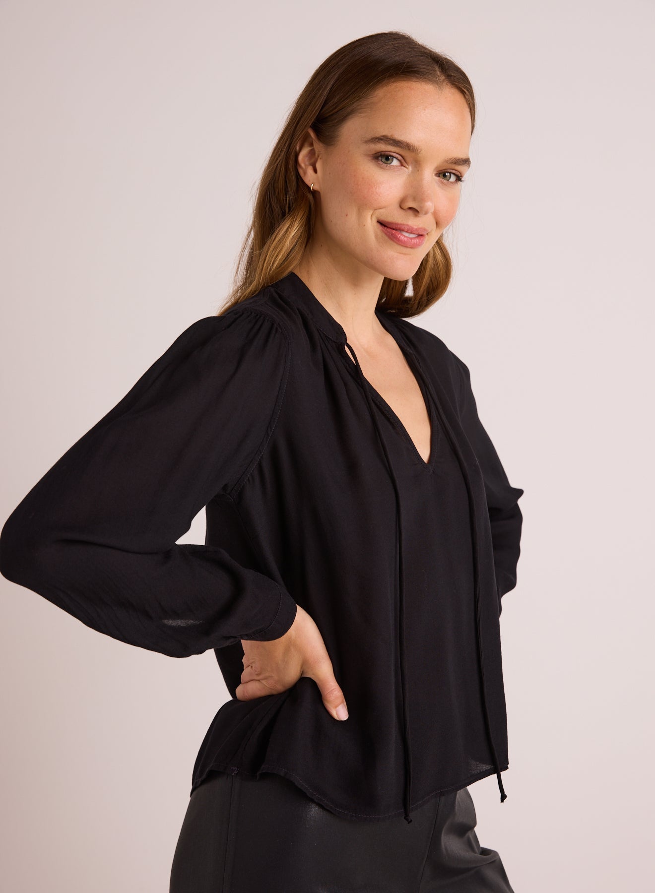 Bella DahlFlowy Tie Neck Pullover - BlackTops