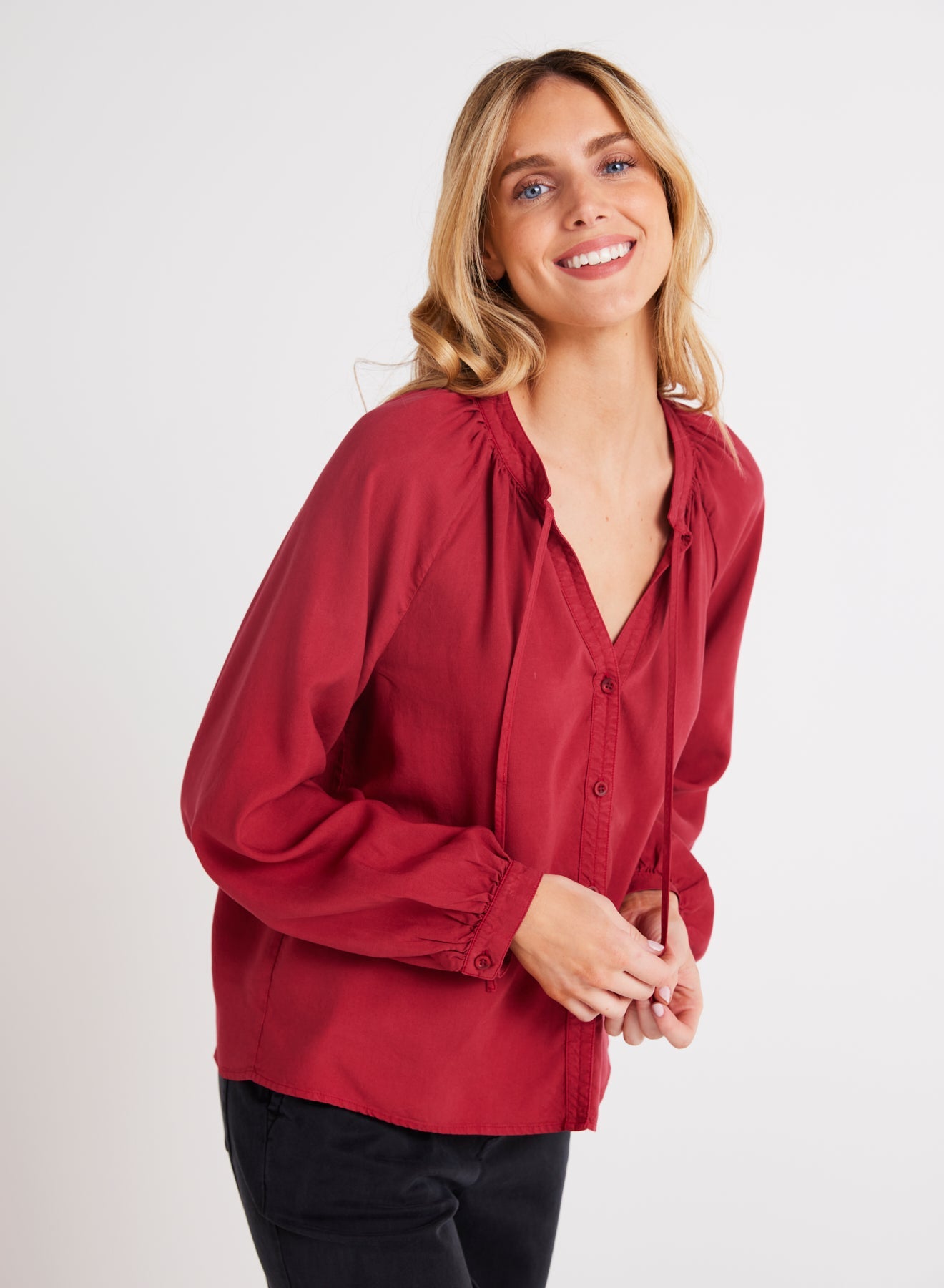 Bella DahlFull Sleeve Raglan Button Down - Ruby RedTops