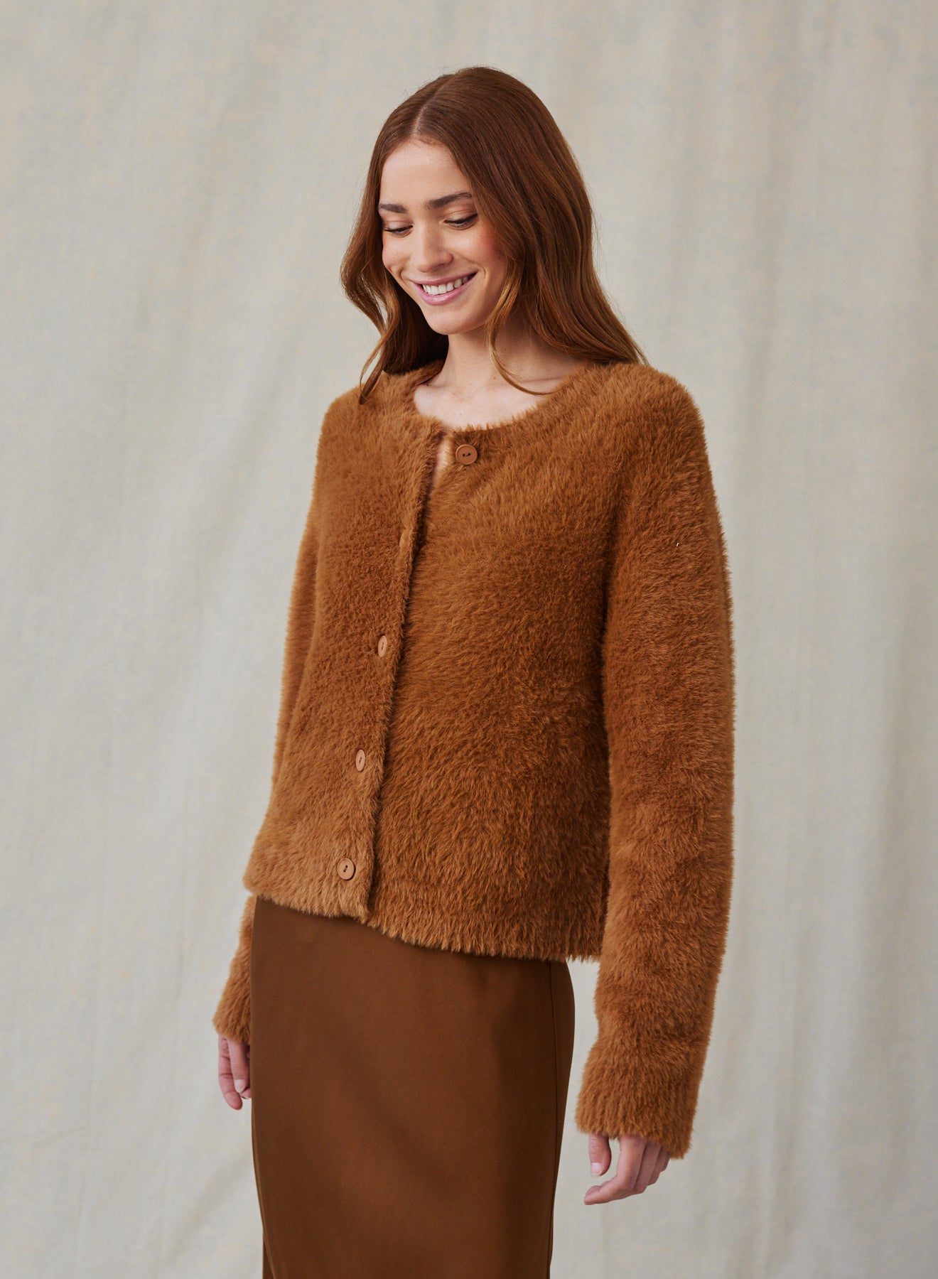 Bella DahlFuzzy Crew Neck Cardigan - Twilight GoldSweaters & Jackets