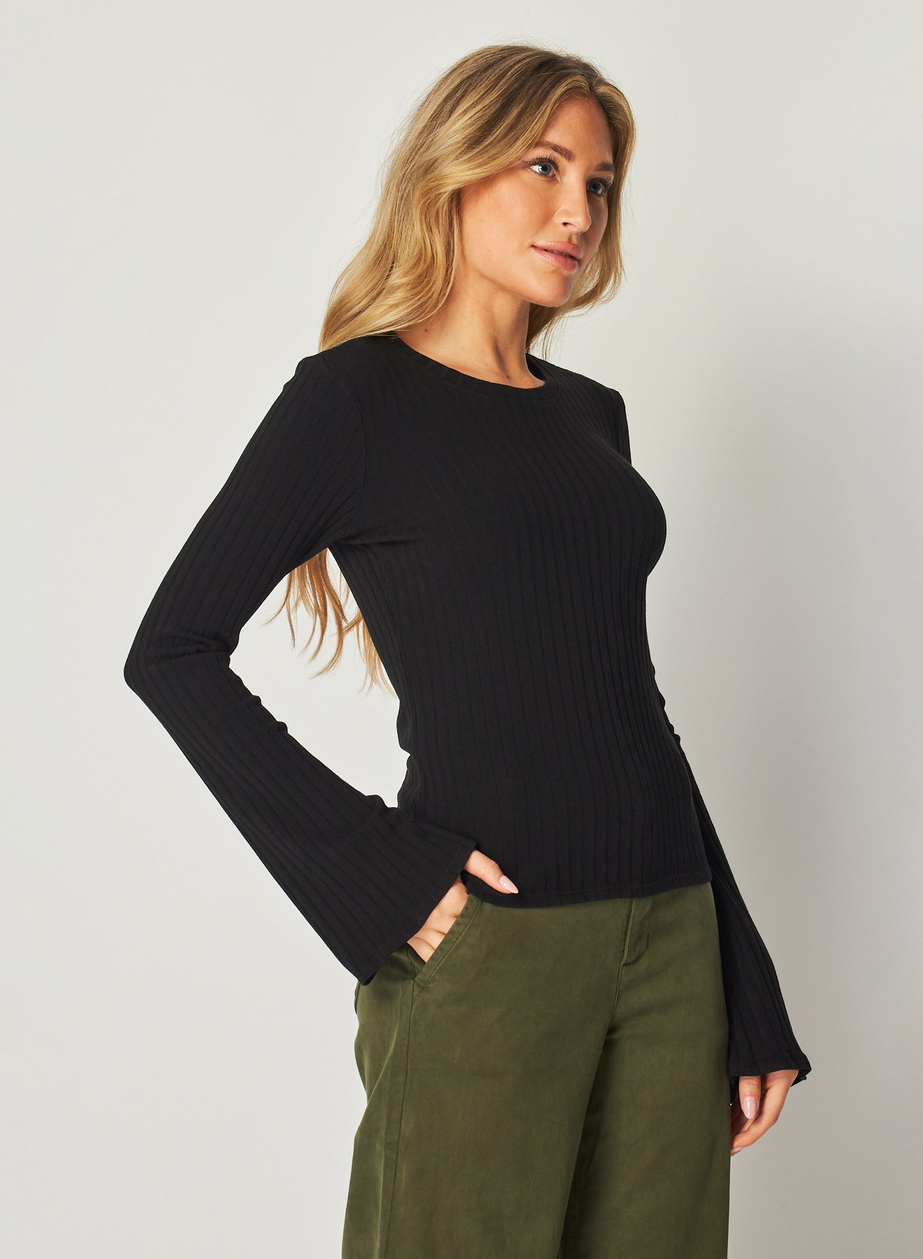 Bella DahlLong Bell Sleeve Rib Crew Tee - BlackTops