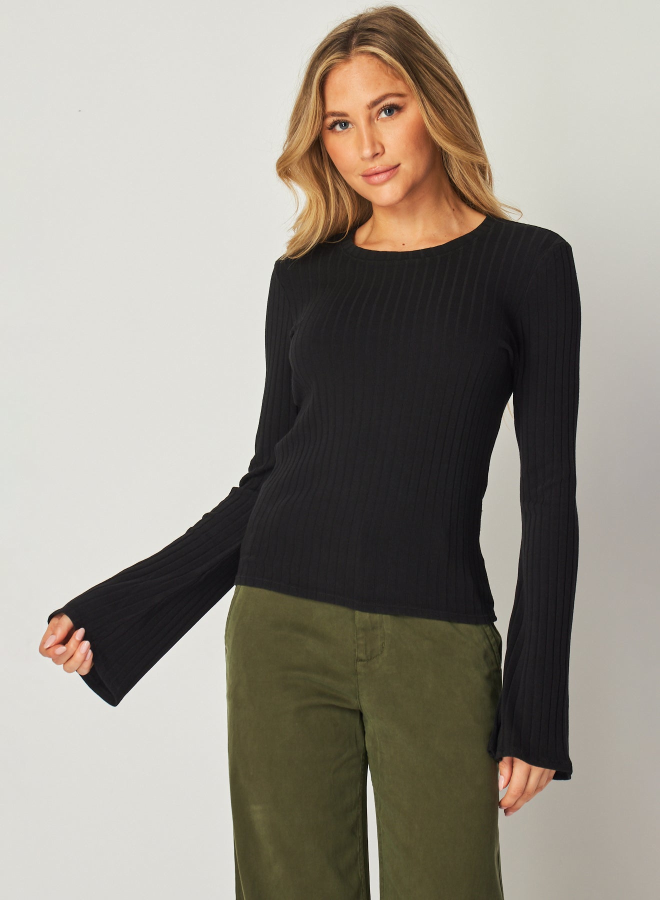 Bella DahlLong Bell Sleeve Rib Crew Tee - BlackTops