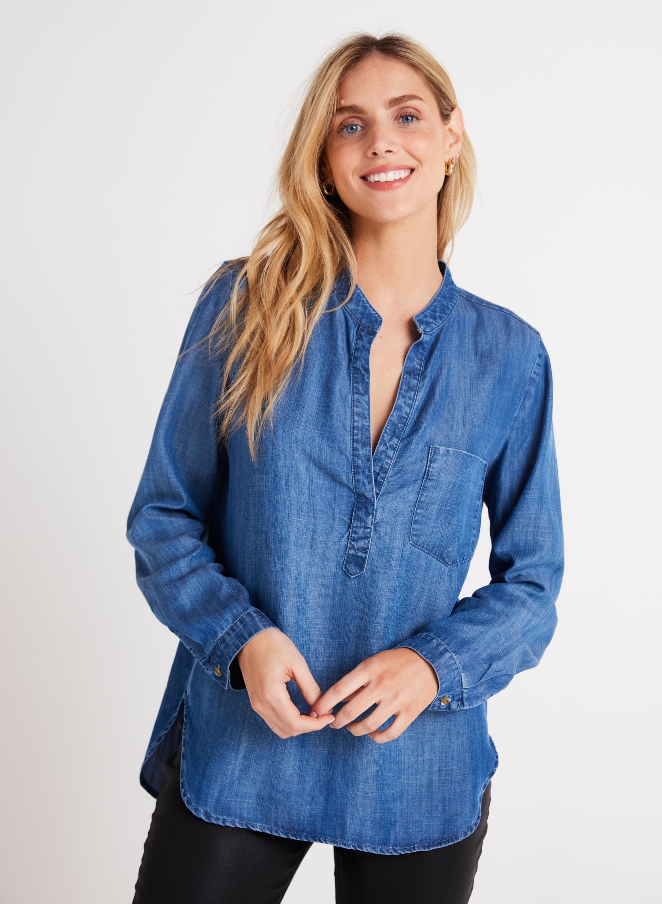 Bella DahlLong Sleeve Pocket Henley - Moonlit Haze WashTops