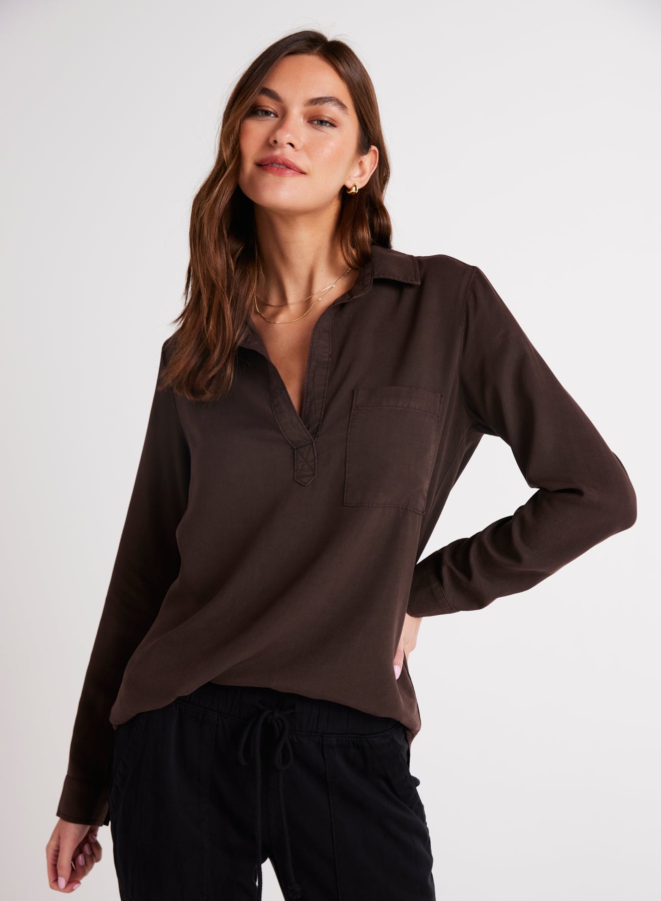 Bella DahlLong Sleeve Pullover Tunic - Chestnut BrownTops