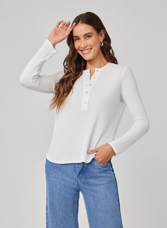 Bella DahlLong Sleeve Wide Placket Henley - WhiteTops