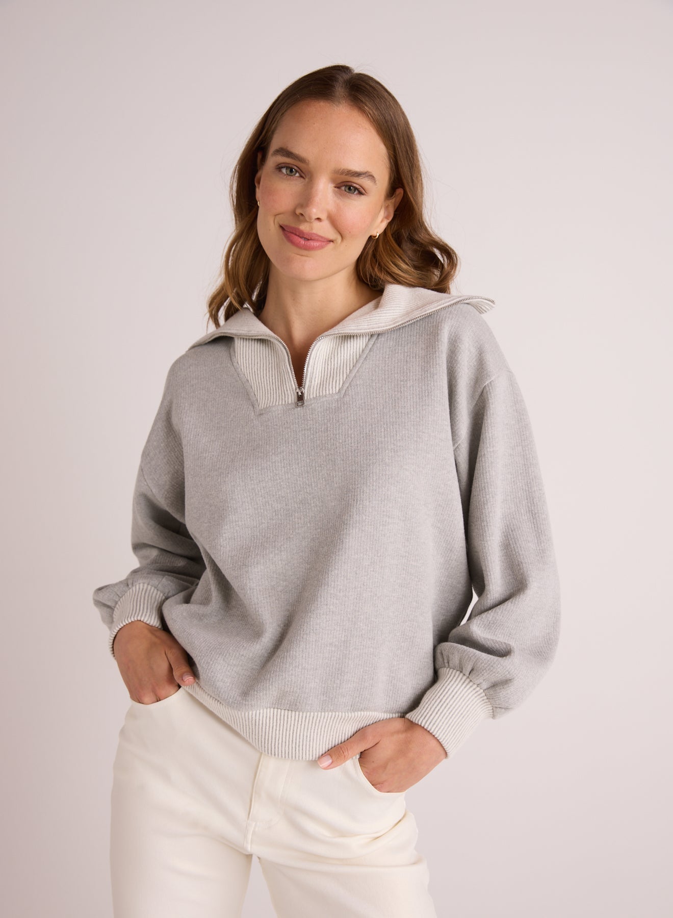 Bella DahlMix Knit Zip Sweatshirt - Heather GreyTops