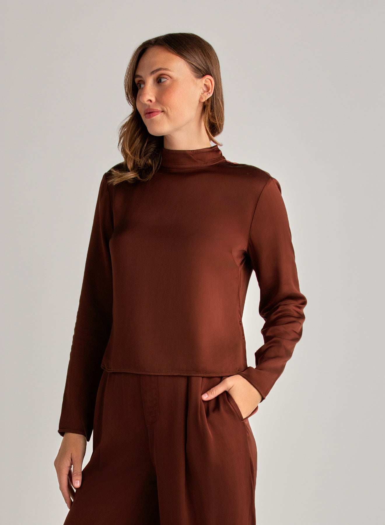 Mock Neck Button Back Top - Brandy Wine