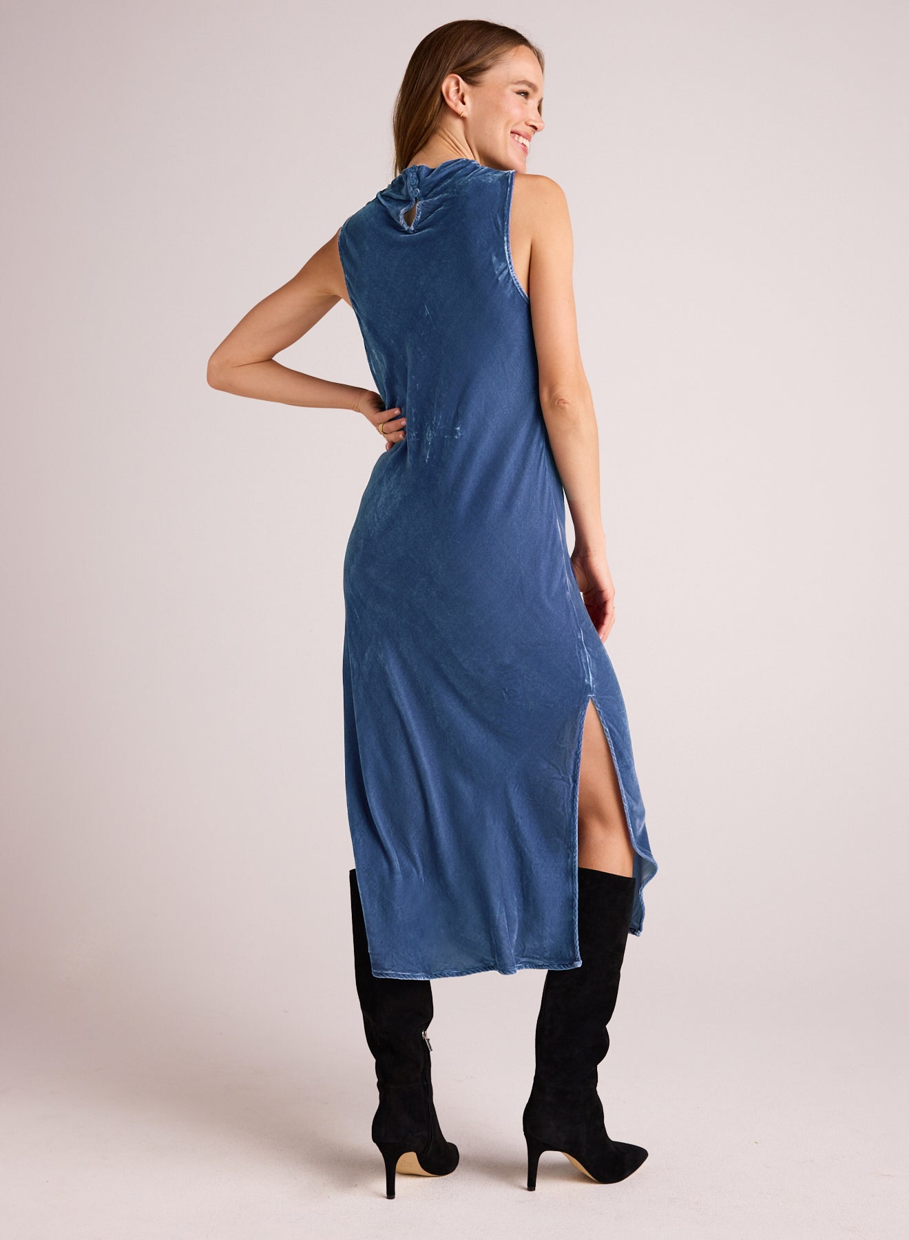 Bella top Dahl halter lightweight denim/tencel dress. Adjustable tie closure at back