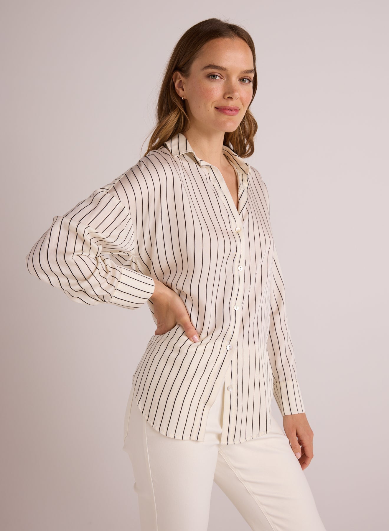 Bella DahlOversized Button Down - Ivory Lurex StripeTops