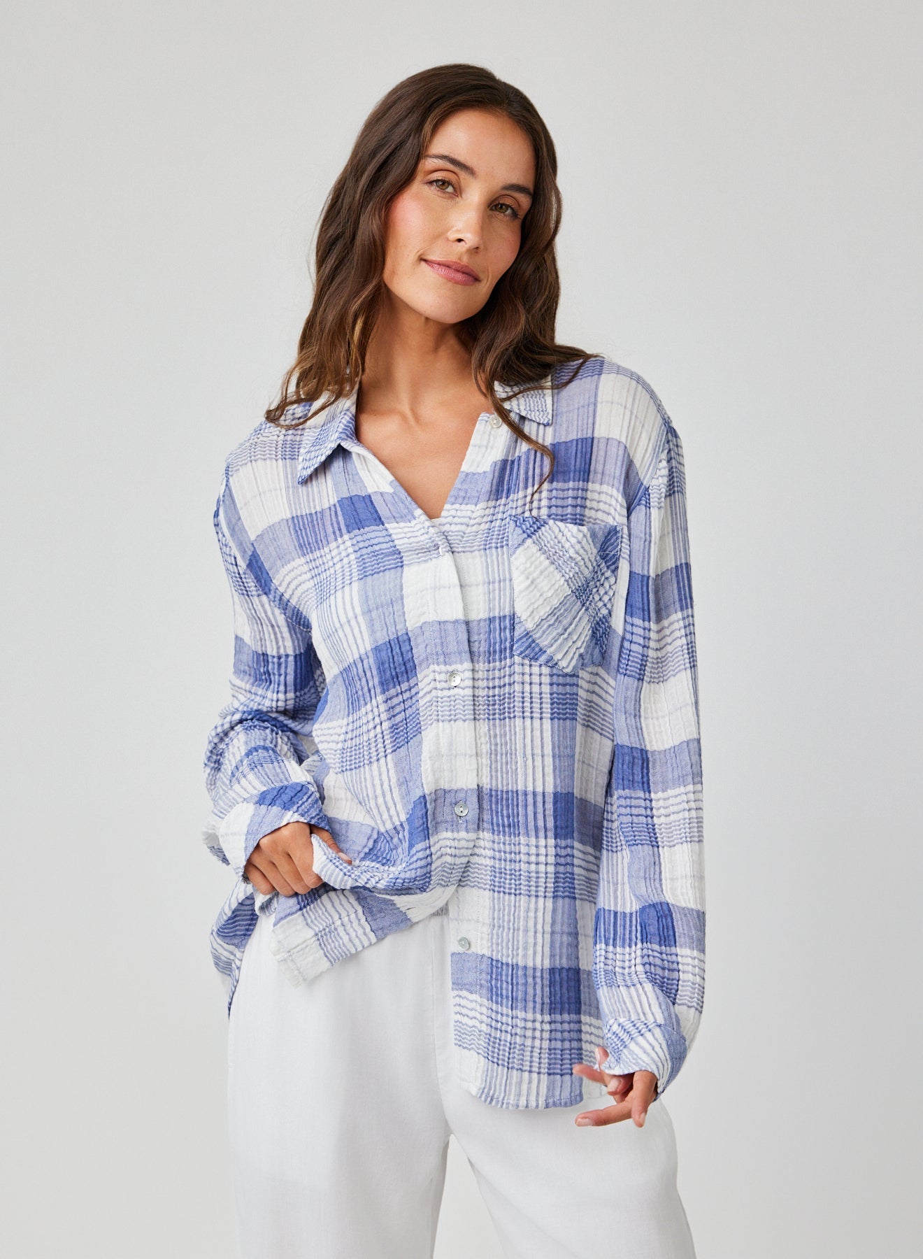 Bella DahlOversized Shirt with Pocket - Pacific Blue PlaidTops