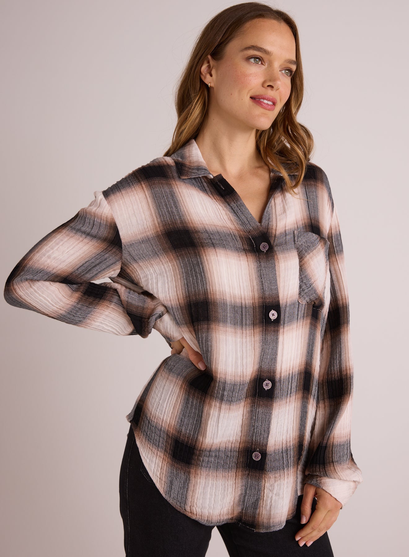 Bella DahlOversized Shirt with Pocket - Winter Taupe PlaidTops