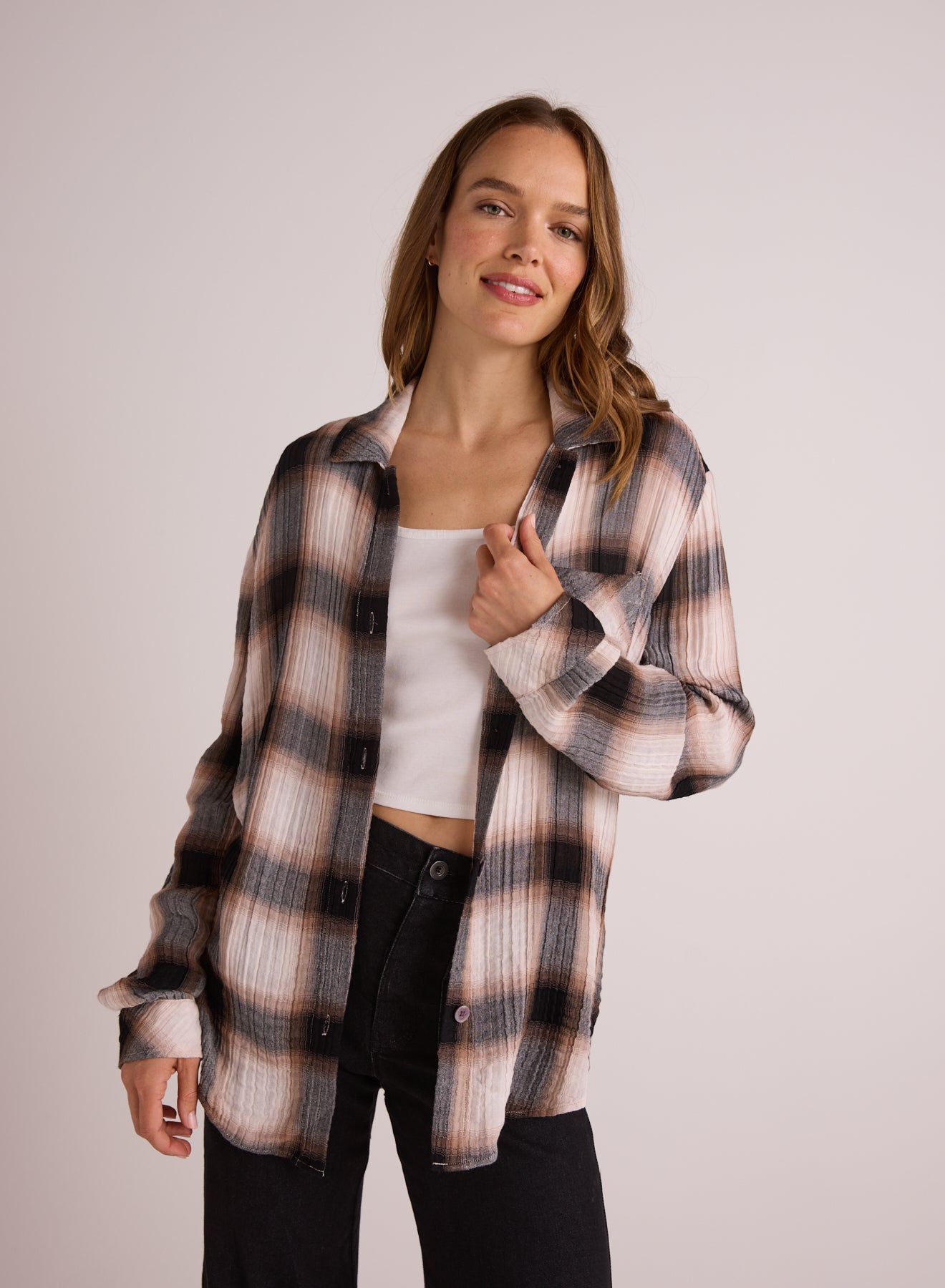 Bella DahlOversized Shirt with Pocket - Winter Taupe PlaidTops