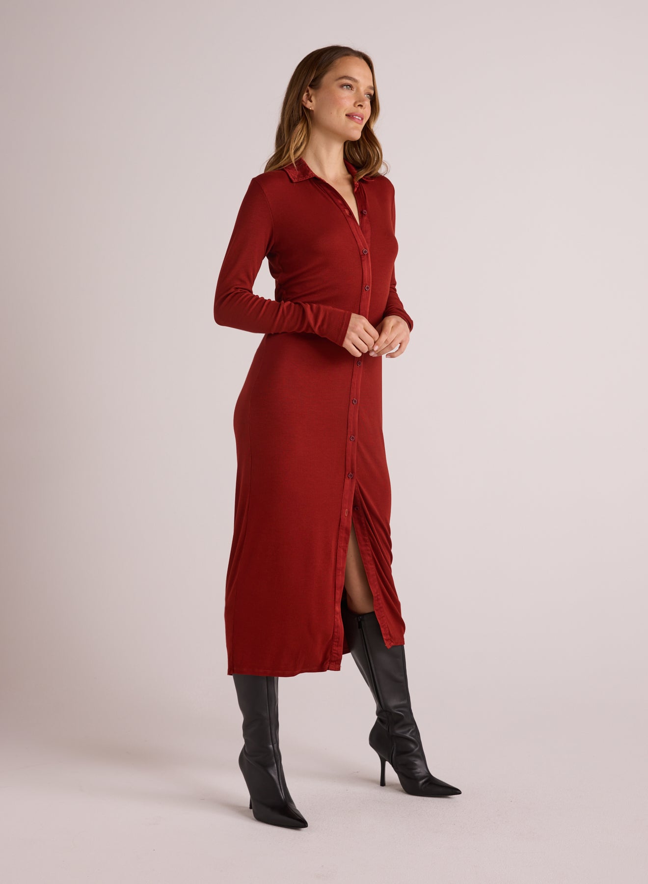 Bella DahlRib Button Down Shirt Dress - Rustic RedDresses