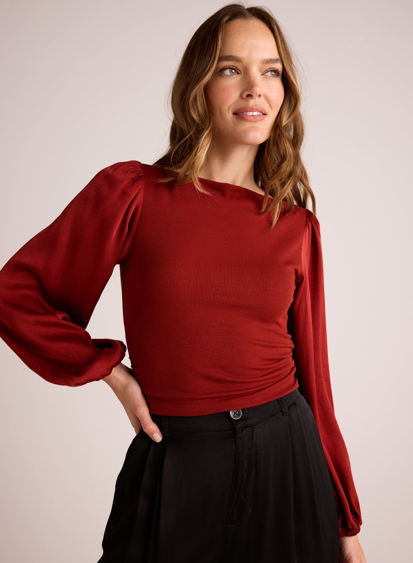 Bella DahlRuched Waist Flowy Sleeve Top - Rustic RedTops