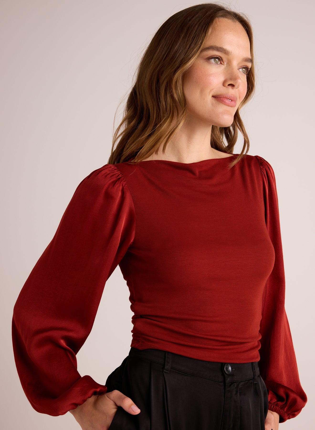 Bella DahlRuched Waist Flowy Sleeve Top - Rustic RedTops