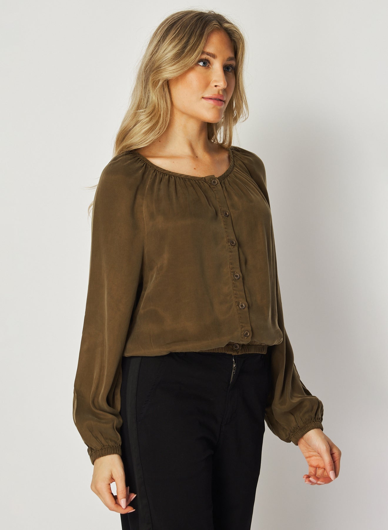 Bella DahlShirred Button Front Blouse - Autumn OliveTops