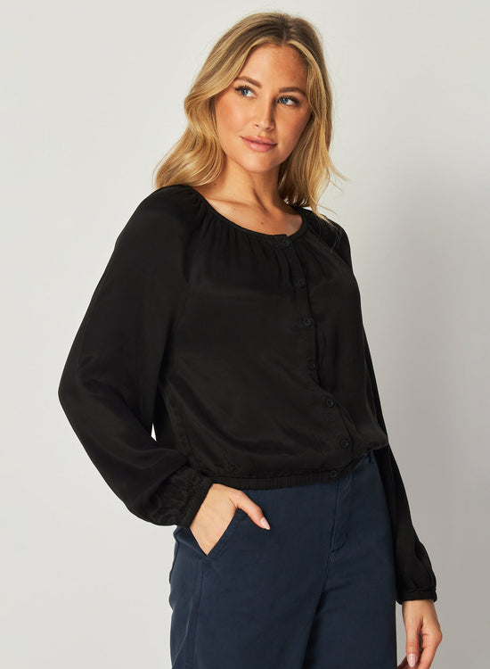 Bella DahlShirred Button Front Blouse - BlackTops