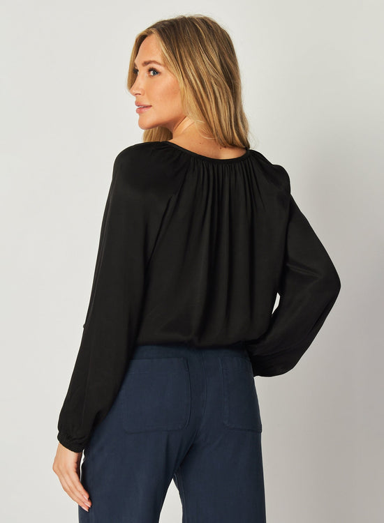 Bella DahlShirred Button Front Blouse - BlackTops